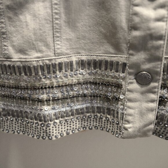 Chico's Platinum Denim tan beaded jean jacket size 2 - Picture 5 of 7